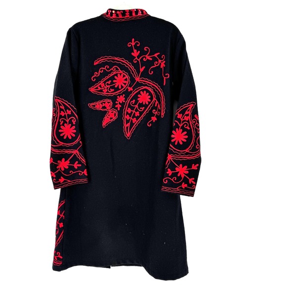Metrostyle Wool Embroidered Sequence Long Coat Women's M Black Red Hippie Boho - Picture 11 of 11